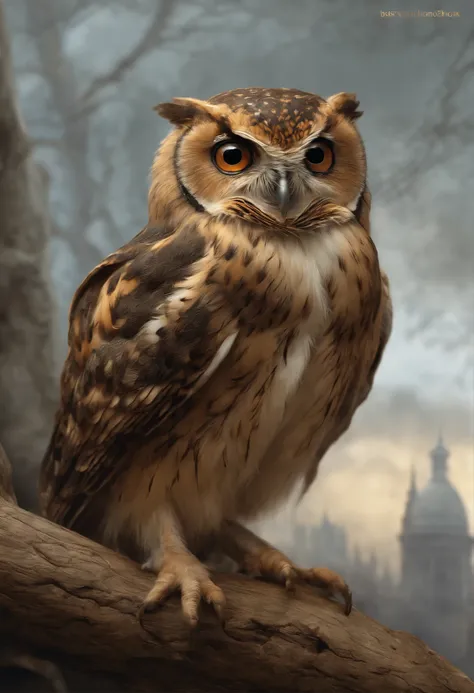 真实感, dark fantasy style, John Tolkien style, Small painting by Jean-Baptiste Monge,      little bird owl, anatomically correctly drawn body, sitting on an oak branch,  flapping of wings, ultra-precisely drawn movement of the wings, Newly hatched chick, ult...