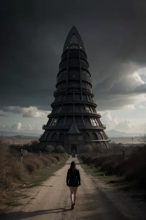 image montre un paysage apocalyptique avec une structure en forme de pyramide composée de corps humains au centre. Larrière-plan révèle des bâtiments détruits et un ciel sombre, créant une atmosphère sombre et sinistre. Science fiction, 4k