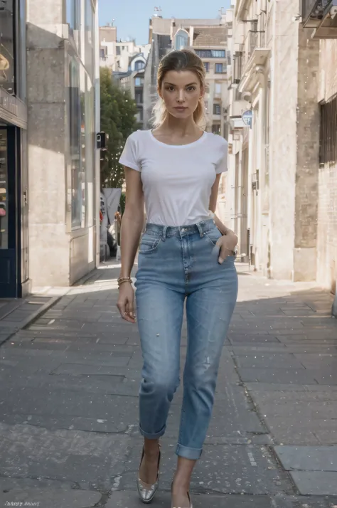 (best quality,4k,8k,highres,masterpiece:1.2),ultra-detailed,realistic,professional,portraits,landscape,photography,concept artists,Regent Street in London,female supermodel,white T-shirt,dark blue jeans,brown shoes,walking,street fashion,confident,graceful...