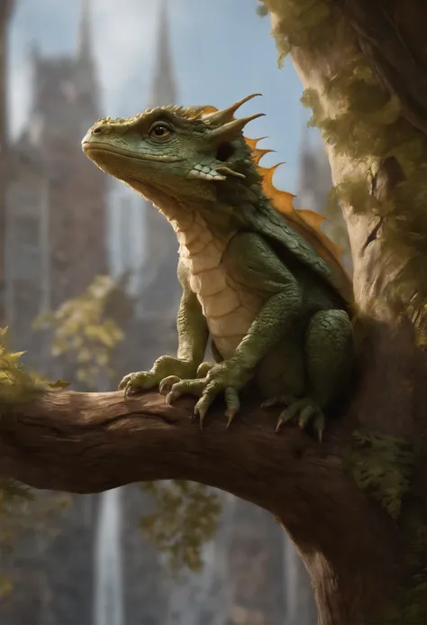 真实感, dark fantasy style, John Tolkien style, Small painting by Jean-Baptiste Monge,      Small hairy carnivorous baby dragon, sitting on an oak branch, A Newly Hatched Dragon, ultra realistic 3d illustration, portrait shot, Realistic paleoart photography, ...