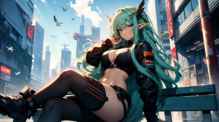 A beautiful elf girl sitting on a bench in a cyberpunk city, euphoric, cute face, beautiful sky, sunrays, extreme abs, birds, serene atnosphere, morning, extremely long hair, art style hair,