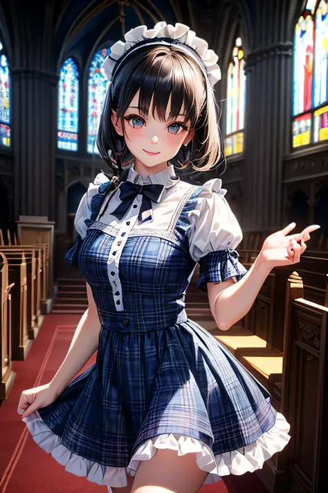 Very cute and beautiful girl,(very detailed beautiful face and eyes:1.2), Smile,Black hair,stylish pose,Beautiful legs,Cowboy Shot, Blue plaid lolita dress with detailed ruffles, altar,chies,Indoors, (Best Quality,masutepiece:1.2),Intricate details,Extreme...