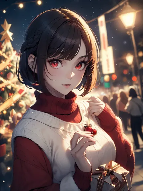 ((​masterpiece,hight resolution,8K picture quality,top-quality)),1womanl,((extra detailed face)),Delicate eyes,((Red eyes)),((hairstyle on:buzzcut,A dark-haired)),lensflare,Dramatic makeup,Natural complexion,natta,Christmas tree,date,Red knitwear,laugh whi...