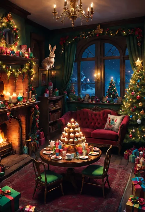 (photorealistic:1.2),ultra-detailed,Christmas, Alice in Wonderland style, living room, cozy atmosphere,chimney,decorated Christmas tree,presents,ornaments,fireplace,magical,tea set,playing cards furniture,enchanted lighting,vivid colors,mysterious,rabbit h...