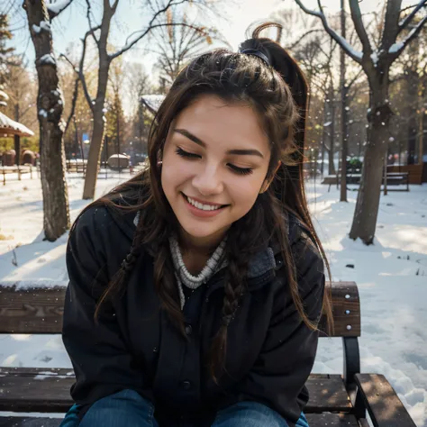 masterpiece, best quality, ultra-detailed, brown eyes, dark brunette, ponytail, smile, natural light, black winter jacket, (1 girl, solo: 1.3), winter czech park, (light in hair), jeans, (frozen lake on in the background as a decoration: 0.8), winter, more...