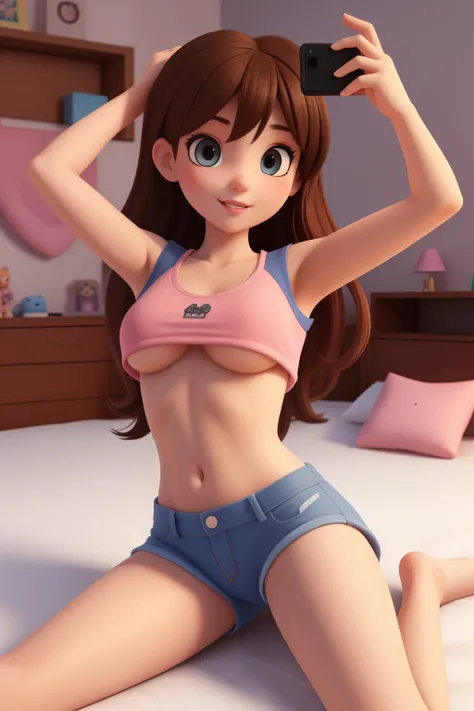 1 girl, young looking, underboob clothes, laying on bed. 3d cartoon with accurate proportions, taking selfie