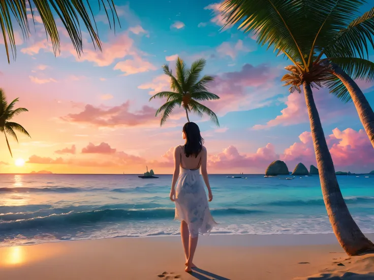 (extremely detailed CG unity 8k wallpaper),(masterpiece), (best quality), (ultra-detailed), (best illustration),(best shadow), beach background having sunset behind with beautiful coconut trees , standing, ,BREAK, TMP,