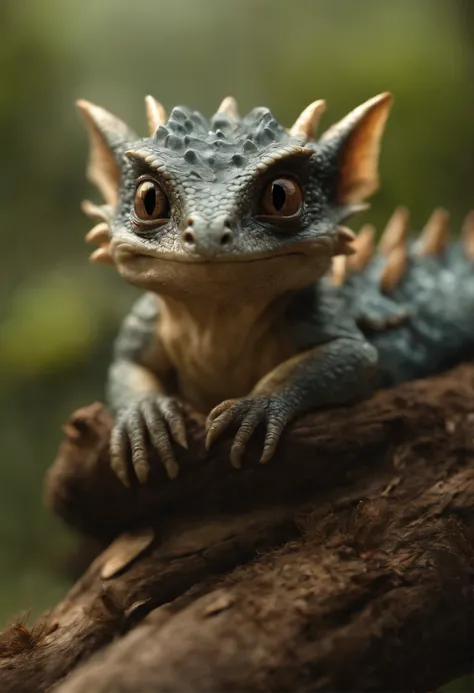 真实感, dark fantasy style, John Tolkien style, Small painting by Jean-Baptiste Monge,      Small hairy carnivorous baby dragon, sitting on an oak branch, A Newly Hatched Dragon, ultra realistic 3d illustration, portrait shot, Realistic paleoart photography, ...