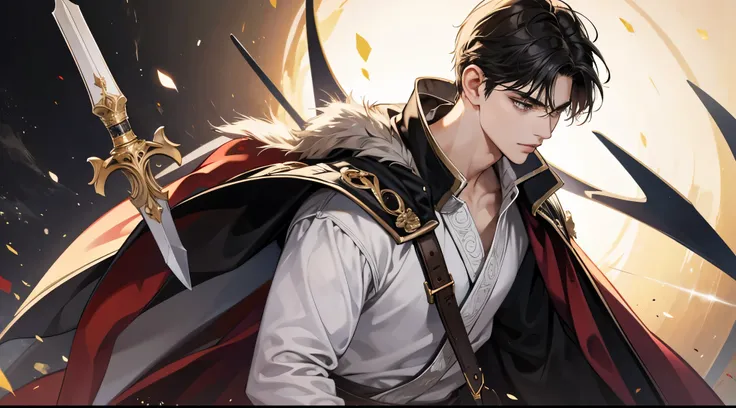 A noble knight man with short black hair and hazel eyes, a beautiful body, a nobleman&#39;s robe with a sword