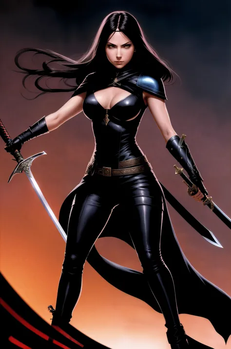 a close up of a woman with a sword and a sword, zenescope, she is holding a sword, holding a sword on her shoulder, chris bachalo, adam hughes, an edgy  assassin, kate bishop, with large sword, john park, she is holding a katana sword, profile shot