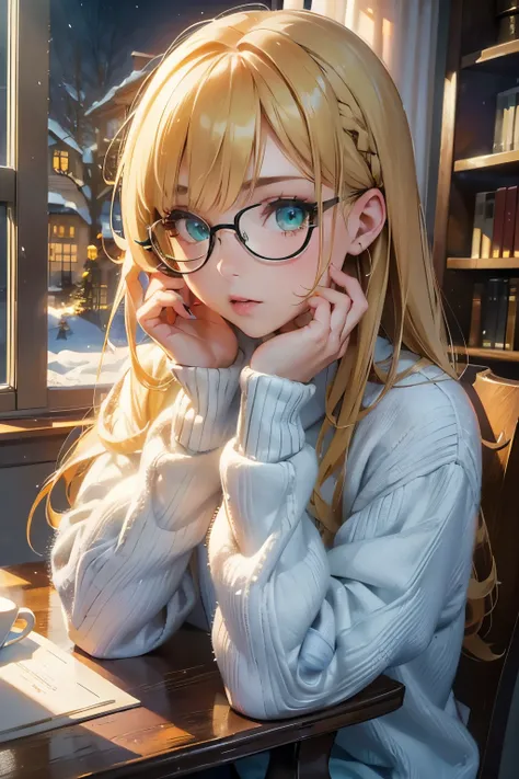 ((​masterpiece,hight resolution,8K picture quality,top-quality)),1womanl,((extra detailed face)),Delicate eyes,((eye glass,Eyes are green)),((hairstyle on:hard wave long hair,a blond)),lensflare,Dramatic makeup,Natural complexion,Small Christmas Tree,White...