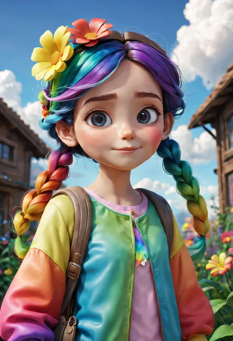 pixar-style，3d effect，Cute girl with a flower in her hair，allure, sky sky, detailedbackground, Rainbow-colored clothes, Best quality