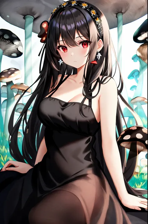 1girl, bare shoulders, black dress, black hair, breasts, closed mouth, dress, earrings, flower, hair flower, hair ornament, hairband, jewelry, medium breasts, long hair, looking at viewer, red eyes, sidelocks, sleeveless, solo, upper body, black background...