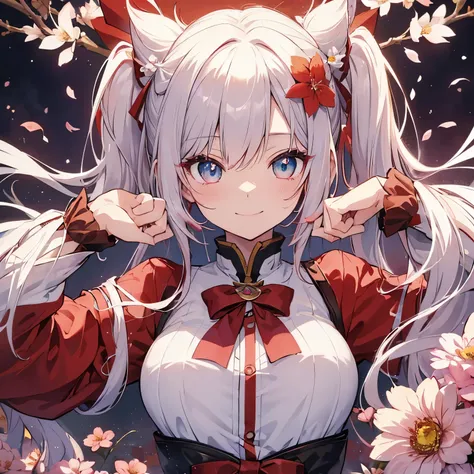 (((Delicat eyes)))、(((zoomed)))、A slight smil、an anime girl, shorth hair, 可愛いan anime girl,Red and white hair,hair adornments、Twin-tailed、a smile、guweiz、lots of flower、flower  field