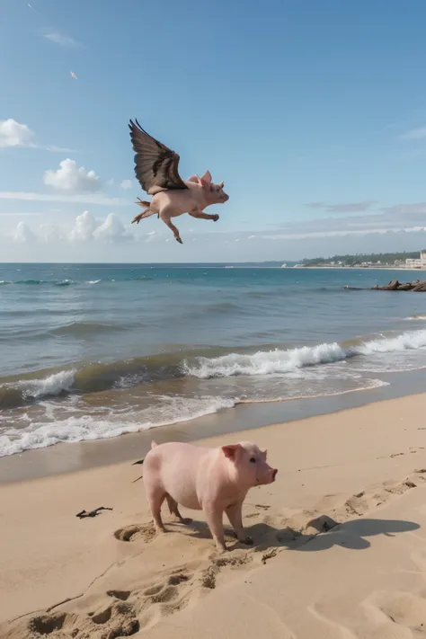 Flying pigs，wings，sea beach