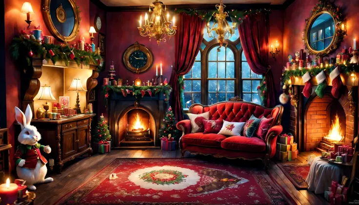 (photorealistic:1.2),ultra-detailed,Christmas, Alice in Wonderland style, living room, cozy atmosphere,chimney,decorated Christmas tree,presents,ornaments,fireplace,magical,tea set,playing cards furniture,enchanted lighting,vivid colors,mysterious,rabbit h...