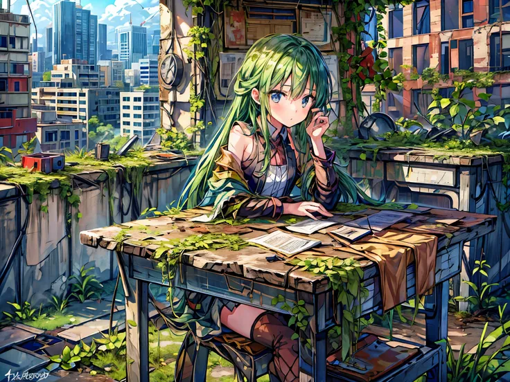 Concept art of a post-apocalyptic world with ruins, overgrown vegetation, flatchest，((lone survivor girl))，The content is very detailed,Detailed diagram，anime，tmasterpiece，dilapidated building right sun，Dilapidated classrooms，Shabby table，damaged chair，ope...