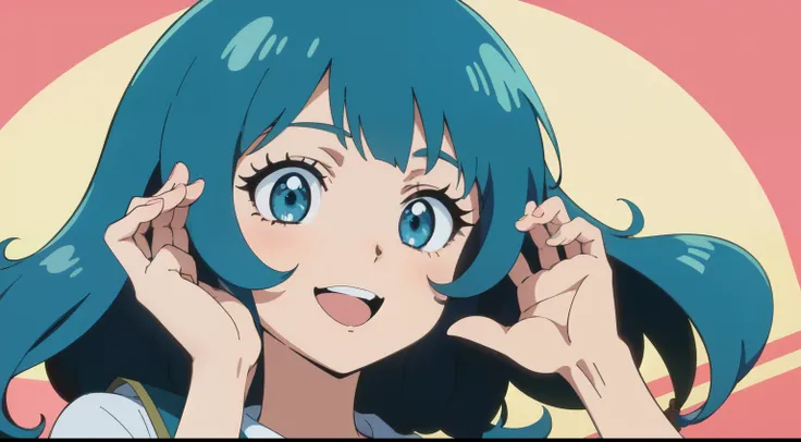 Uma garota com cabelo vermelho, olhos brilhantes igual de anime, 80s retro anime, Hand on face, fofinha com sorriso assustador, Anime Garota do Futuro, Anime 2D.