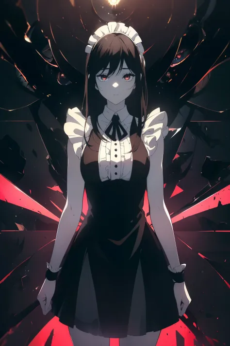 ((((obra maestra, la mejor calidad, ultrahigh resolution)))), 1girl, standing, (cute maid costume), ((long black hair, black hai...