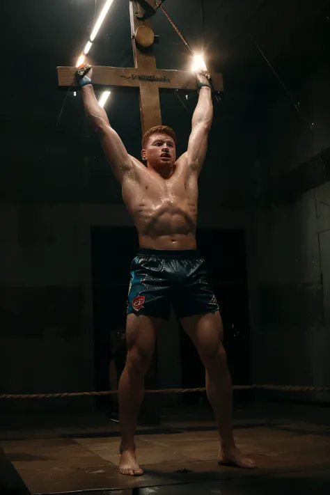 Canelo Alvarez in wet shorts screams while crucified in a torture chamber with lightning bolts in the background