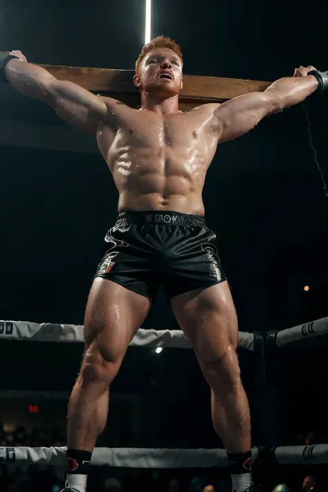 Canelo Alvarez in wet shorts screams while crucified in a torture chamber with lightning bolts in the background