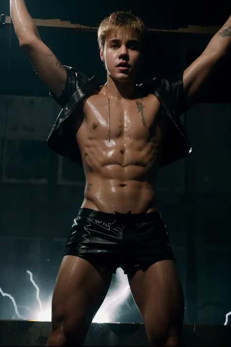 Justin Bieber in wet shorts screams while crucified in a torture chamber with lightning bolts in the background