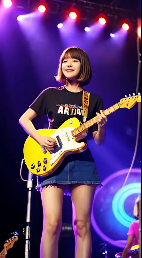 short bob hairstyle, soft brown hair with subtle highlights, and gentle eyes, holding a white electric guitar. Shes wearing a casual white t-shirt with a bold red and black graphic in the center. The setting is a music stage with vibrant blue and purple li...