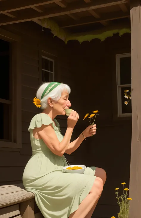 hunchbacked old lady, with a hooked nose, in a torn sundress, sitting on the high porch of an old mossy log house, holding a chamomile flower in his hands