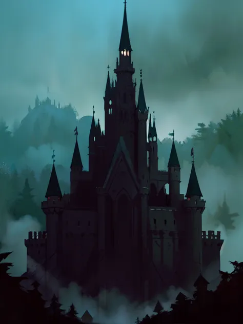 a painting of a dark castle in the middle of a dark forest, at night castle background, gothic castle,