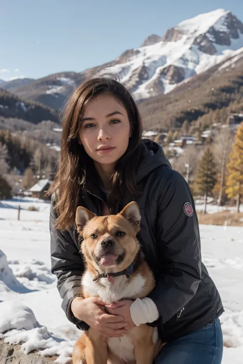 Mujer joven rubia con ropa de invierno en un paisaje nevado con pinos, mountains and a bobtail dog next to it looking at the camera