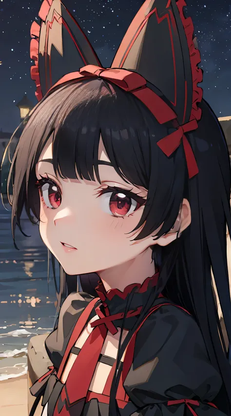 rory mercury, rory mercury, black  hair, blunt bangs, hime cut, hair ornament, red lipstick, hairlong, cute face, makeup, (small...