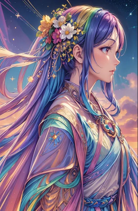 god ray, rainbow hair, starry sky, detailed background, detailed colorful clothing, beautifully flowing hair,dream-like atmosphe...