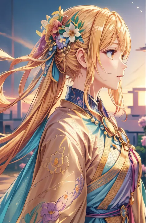 flowers_park, detailed background, 1girl, detailed colorful clothing, detailed colorful hair_ornaments, break, golden hair, brea...