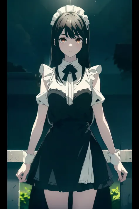 ((((Obra maestra, La mejor calidad, ultrahigh resolution)))), 1girl, standing, ((cute maid costume, embarrassed)), ((long black hair, black hair over eye)), long hair cut, pale skin, ((brown eyes)), glowing_eyes, neon eyes, (ultra detailed eyes:0.7, beauti...