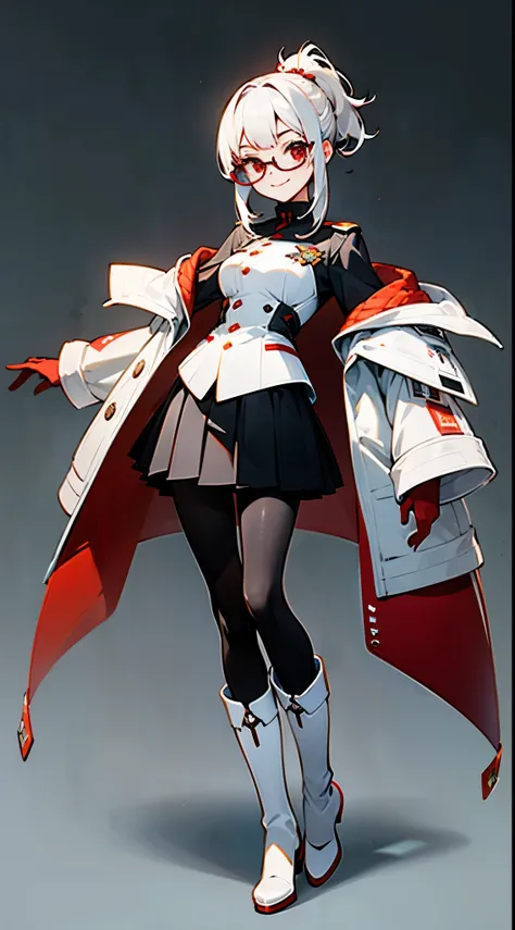 masterpiece, best quality, 8k, ultra detailed, a woman, smiling, (concept art, official art,full body), simple background, ((1) chignon)), white hair, red eyes, asymmetrical bangs, slender, (futuristic uniform), ((black pantyhose)), (((white) long boots)),...