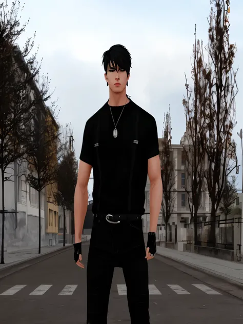 there is a man standing  in the middle of a street, second life avatar, standing in the street, inspired by Aleksander Gine, inspired by Gang Se-hwang, standing in a city street, he is wearing a black t-shirt, in city street, standing in the streets, stand...