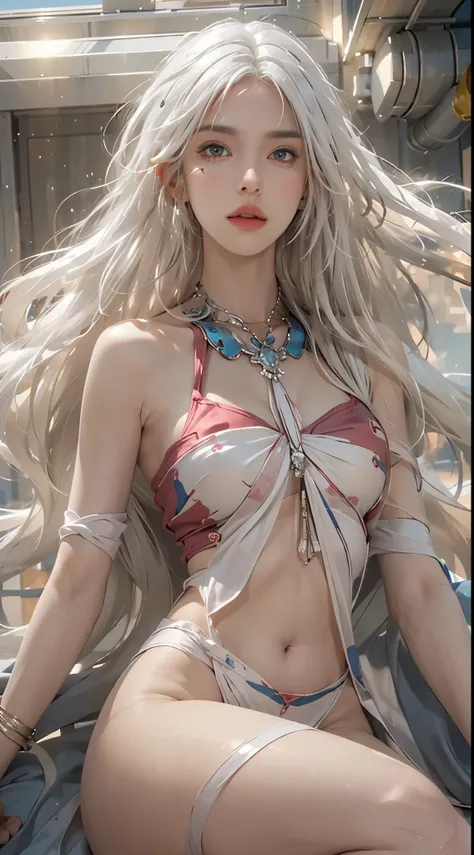 photorealistic, high resolution, 1women, solo, hips up, look at viewer, (detailed face), white hair, long hair, medium breasts, 
((fullnude)),(Spread legs:1.4),sexy,(((arms wide open))), look at viewer, (((Do not hide the lower body))),Wide open crotch:1.3...