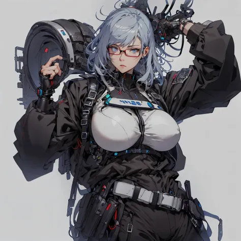 4K，transparent background，delicate picture，Anime manga girl，cyber punk personage，Cyborg，(Colossal tits)，silber hair，Wearing glass mechanical armor，Black Jumpsuit，blue color eyes，red framed glasses