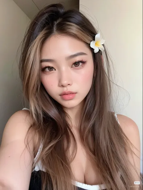 mulher arafed com cabelo comprido e uma flor em seu cabelo, Mulher sul-coreana bonita, maquiagem sul-coreana popular, maquiagem coreana popular, linda mulher coreana jovem, mulher coreana jovem bonita, menina coreana, asian features, Asian girl with long h...