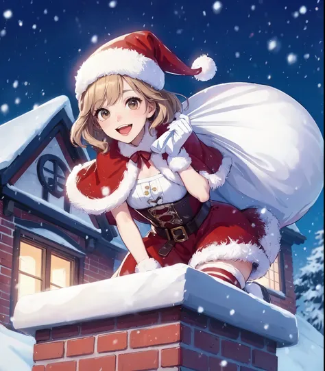 1lady solo, (standing on roof of house), (stylish outfit) (Santa Claus costume:1.2), mature female, /(light brown hair/) bangs, blush happy smile, (masterpiece best quality:1.2) delicate illustration ultra-detailed, large breasts BREAK (holding a large whi...