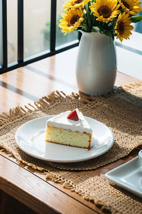 tmasterpiece, Best quality, in a coffee shop，porcelain plate on wooden table，There is a piece of cream cake on the porcelain plate，There is a vase on the table，put flowers，And coffee，The best composition，There is warm light，triangular composition，closeup c...