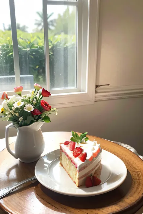 in a coffee shop，porcelain plate on wooden table，There is a piece of strawberry cream cake on the porcelain plate，There is a vase on the table，put flowers，And coffee，The best composition，There is warm light，triangular composition，closeup cleavage，Place the...