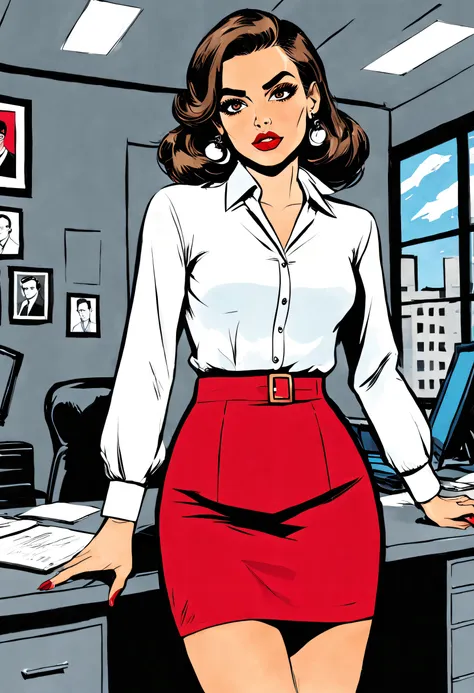 secretaria sexy con estilo pop art, plano entero, la protagonista es lola, a flawless looking woman with brown hair, expressive ...