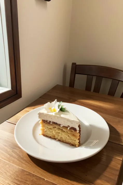 in a coffee shop，porcelain plate on wooden table，There is a piece of cake on the porcelain plate，breads，There are also flower decorations，The best composition，There is warm light