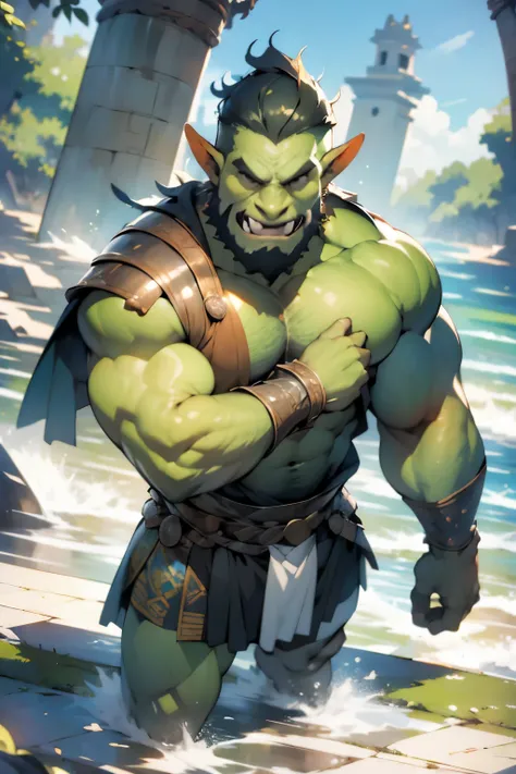 obra maestra, La mejor calidad, Detallado, kinematics, 4k, Antecedentes con: Orco shaman, varonil, musculoso, con barba corta y pelo corto, Wear miniature Tangas ((Micro-tanga blanca:_pattern_Designs_Tangas_sudar_pectoral masivo_Get wet all over your body)...