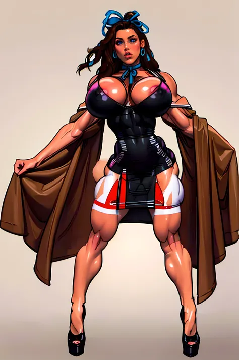 ((masterpiece)),(((best quality))),((full body view)) ((native american girl)), (1girl), ((solo woman)),illustration, native girl, (((huge muscles))), sexy bimbo, ((gigantic breasts)), black hair, ((detailed face:1.4)), beautiful woman, (native:1.4) (ribbo...