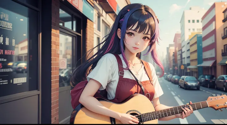 Anime girl with a guitar in the colorful urban cafe