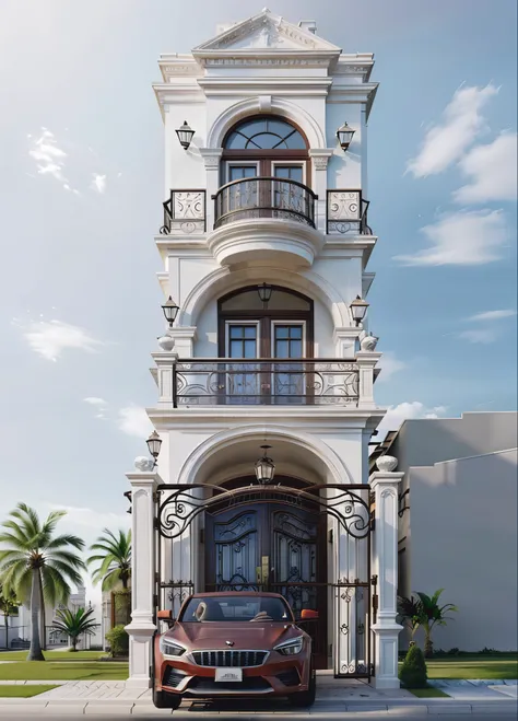 Architectural masterpiece, best quality, 16k image, classic architecture, white painted walls, car parked in front yard, arched door, artistic iron railing, arched door, wall lamp, best quality, detail most detailed, trees tropical,3d max rendering