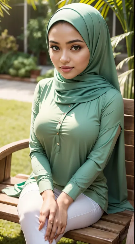 RAW, Best quality, high resolution, masterpiece: 1.3), beautiful Malay woman in hijab, Masterpiece, perfect fit body, ((Big breasts)), beautiful big eyes, Soft smile, woman sitting on a bench next to bamboo plants, cute woman, beautiful woman, olive green ...