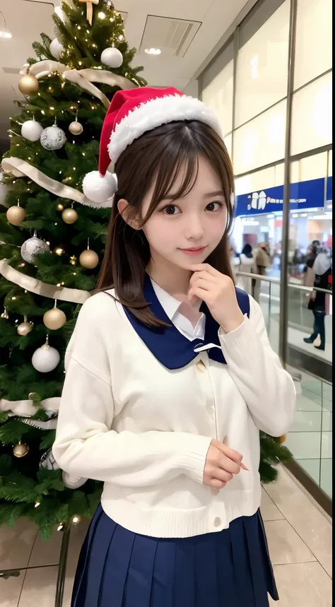 photo of a very cute and beautiful jpn-girl, 15yo asian, ((upper body)), standing in shopping mall with big Christmas-tree, spot light, brown short hair, beautiful sensuous eyes, sensuous smile, thin eyebrows, voluptuous body, intricate detail, natural ski...